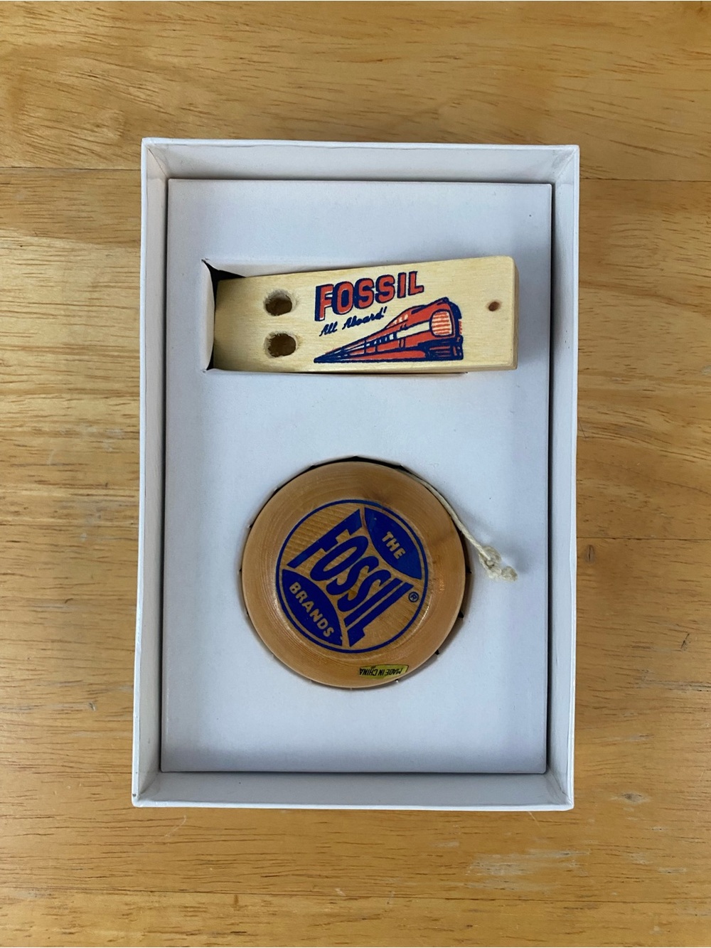 Vintage Fossil Wooden Yo-Yo and Whistle Set
